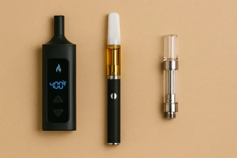 Three vape devices are arranged side-by-side on a beige surface, including a digital vaporizer, a filled cannabis oil vape pen, and an empty cartridge.