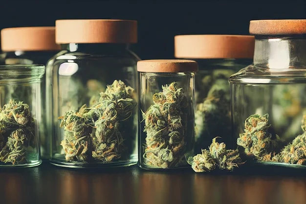 dried selected medicinal marijuana flowers storage glass jar assorted trimmed cannabis buds