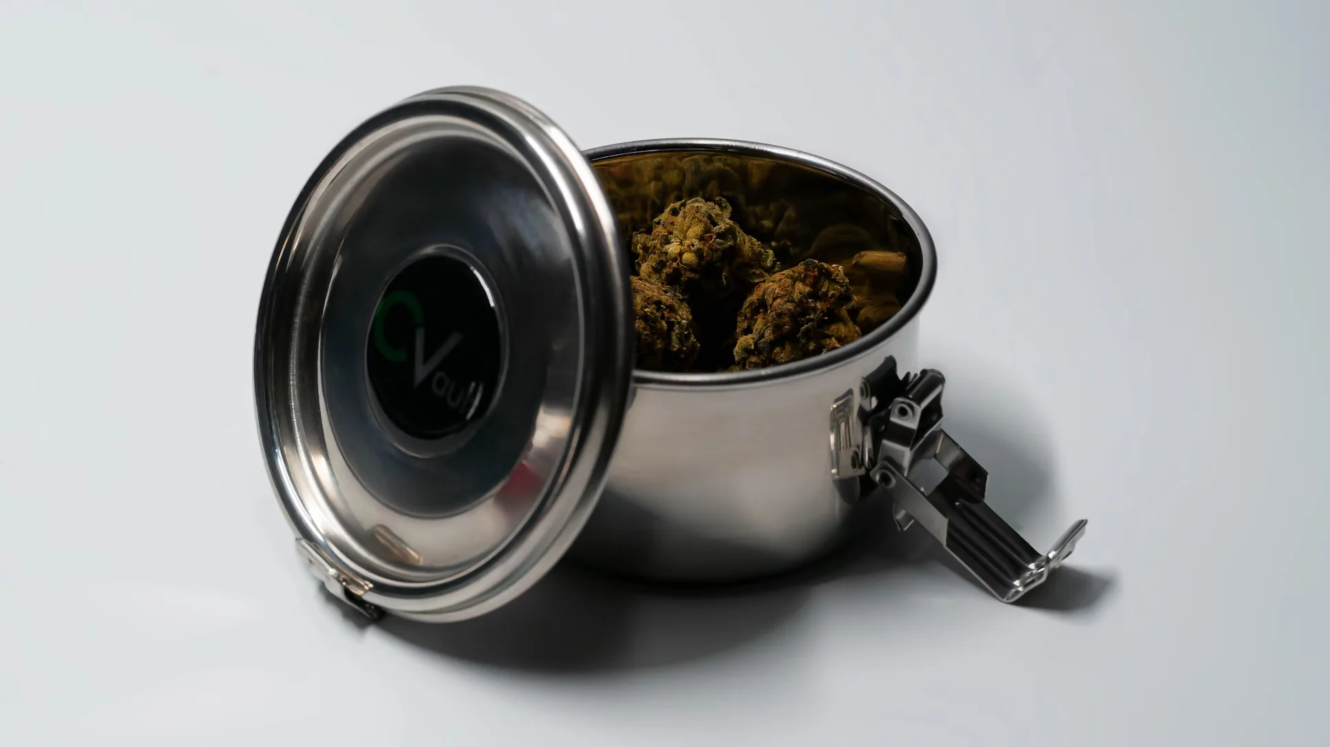 Cannabis flower stored in a metal container