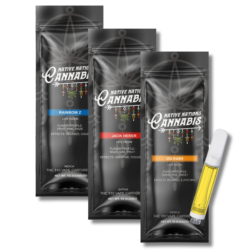 3 different Native Nations Cannabis Vape Cartridge Packages and One cartridge