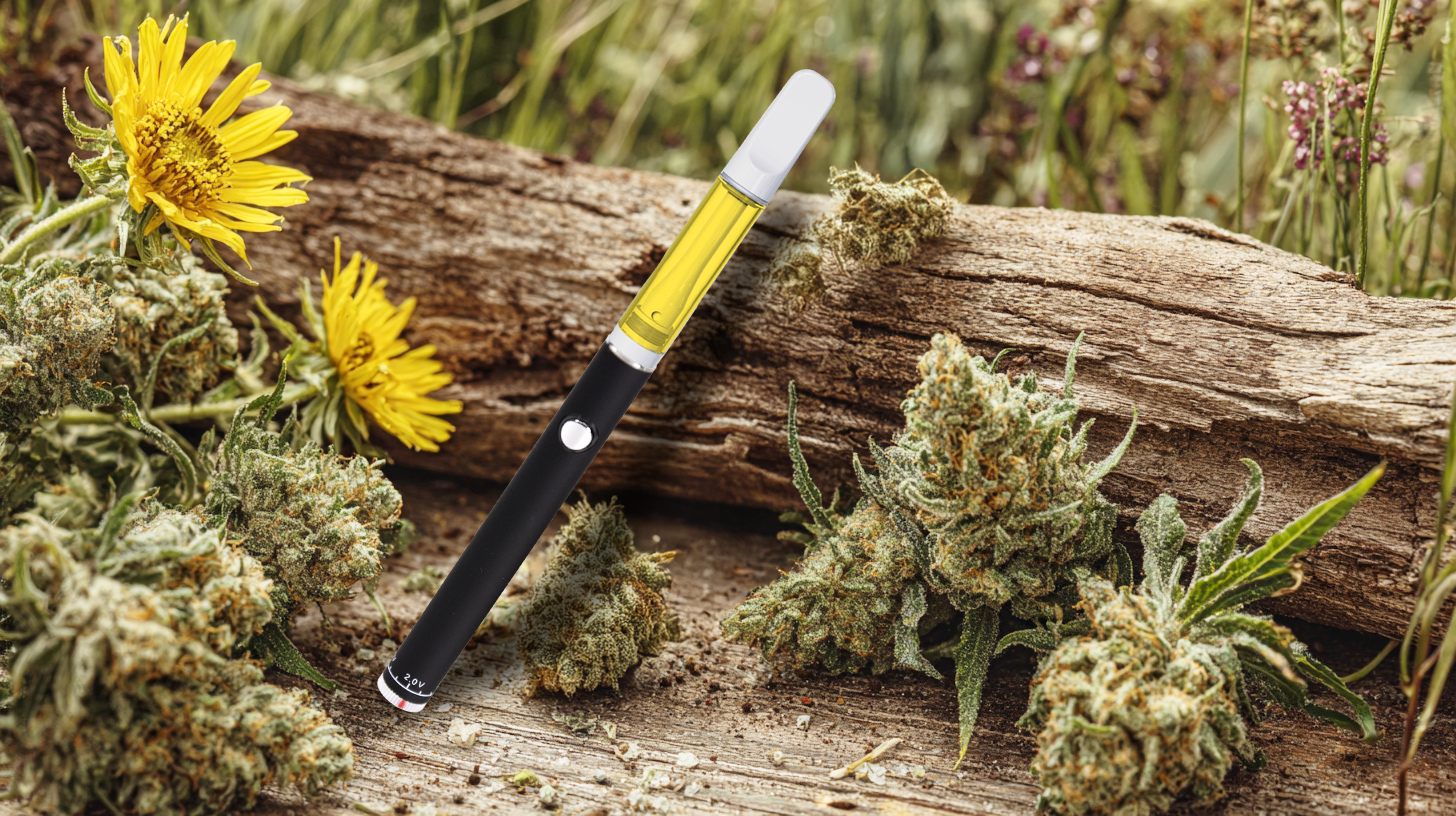 A cannabis vape pen resting on a rustic wooden surface, surrounded by cannabis buds and yellow wildflowers in an outdoor natural setting.
