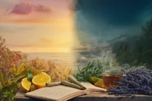 Split-scene image showing a cannabis lifestyle concept with oranges, pre-rolls, and bright sunlight on one side, and tea, lavender, and nighttime ambiance on the other.