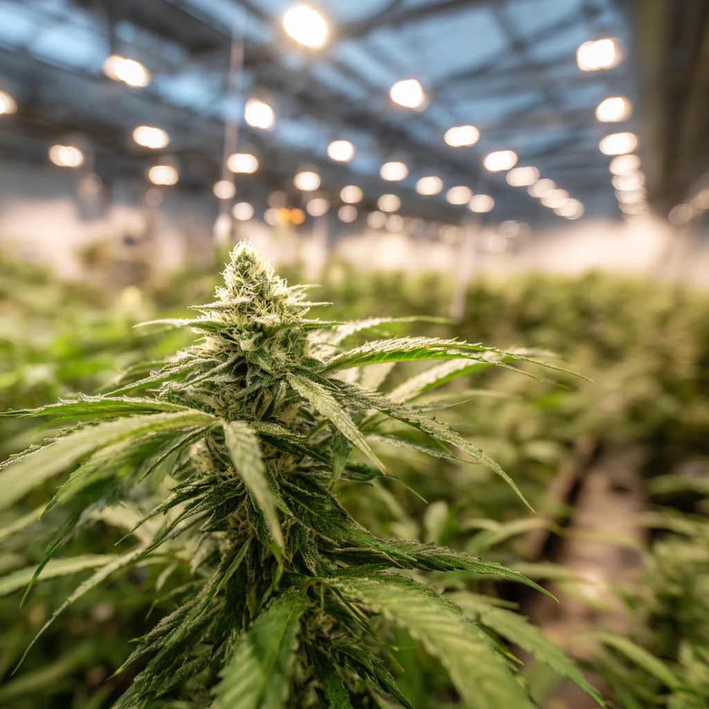 close up of a cannabis plant in a cultivation facility