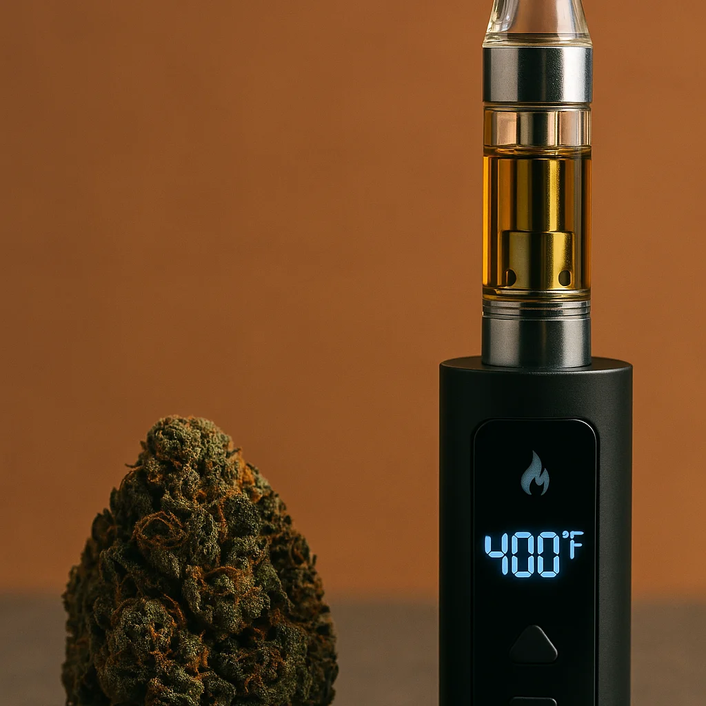 A cannabis vape cartridge attached to a digital vaporizer displaying 400°F, positioned next to a dense cannabis bud on a brown surface.