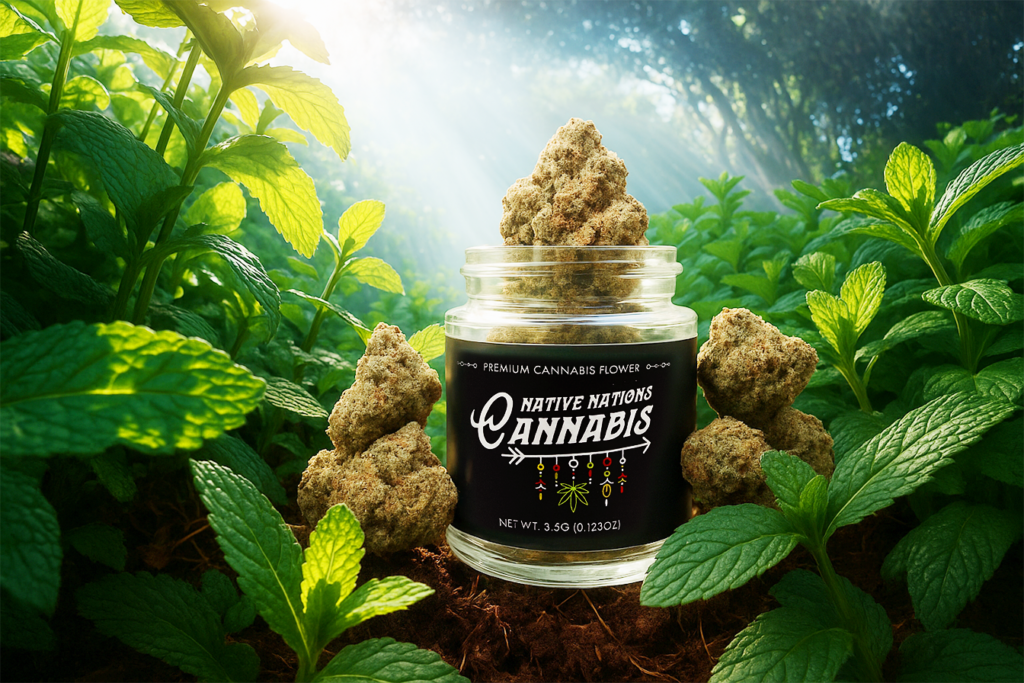 Jar of Native Nations Cannabis flower surrounded by fresh mint plants in a forest setting with sunbeams.