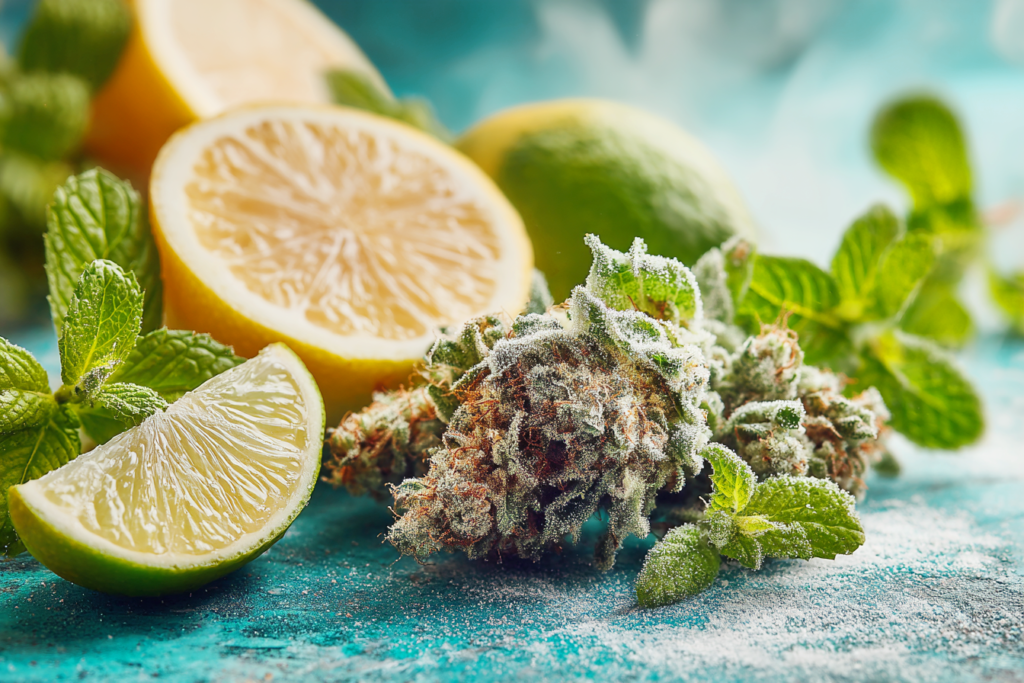 Cannabis buds with lime and lemon slices, mint leaves, and frosty coating on a blue background.