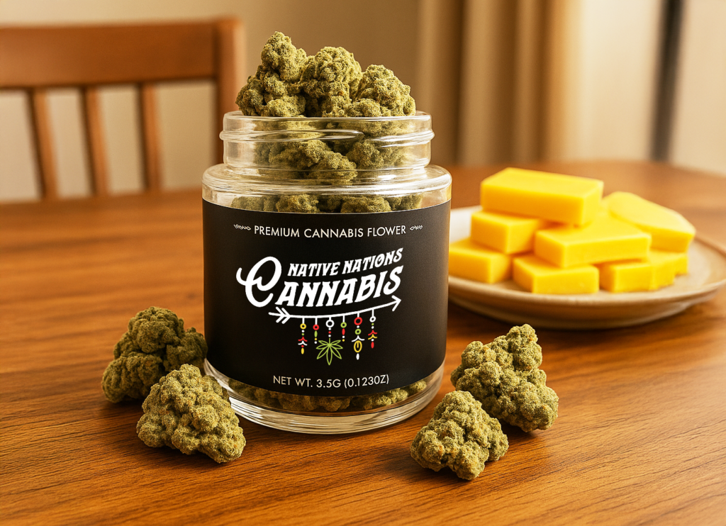 A jar of Native Nations Cannabis flower placed on a wooden table, surrounded by cannabis buds and a plate of stacked cheddar cheese blocks in the background.