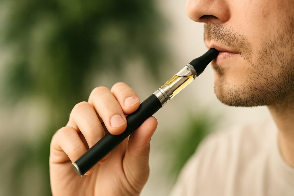 Close-up of a man holding and inhaling from a black vape pen filled with golden cannabis oil.
