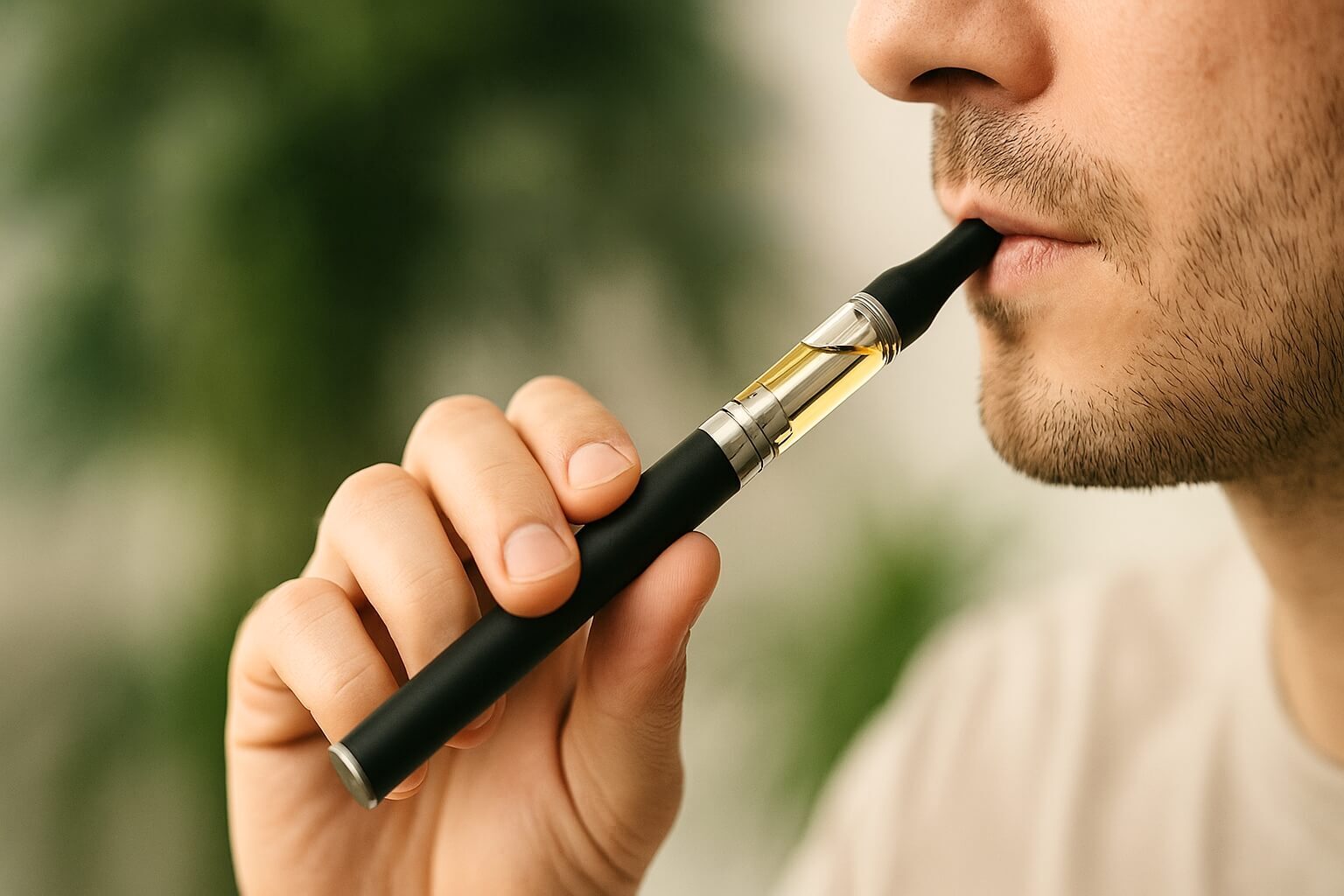 Close-up of a man holding and inhaling from a black vape pen filled with golden cannabis oil.