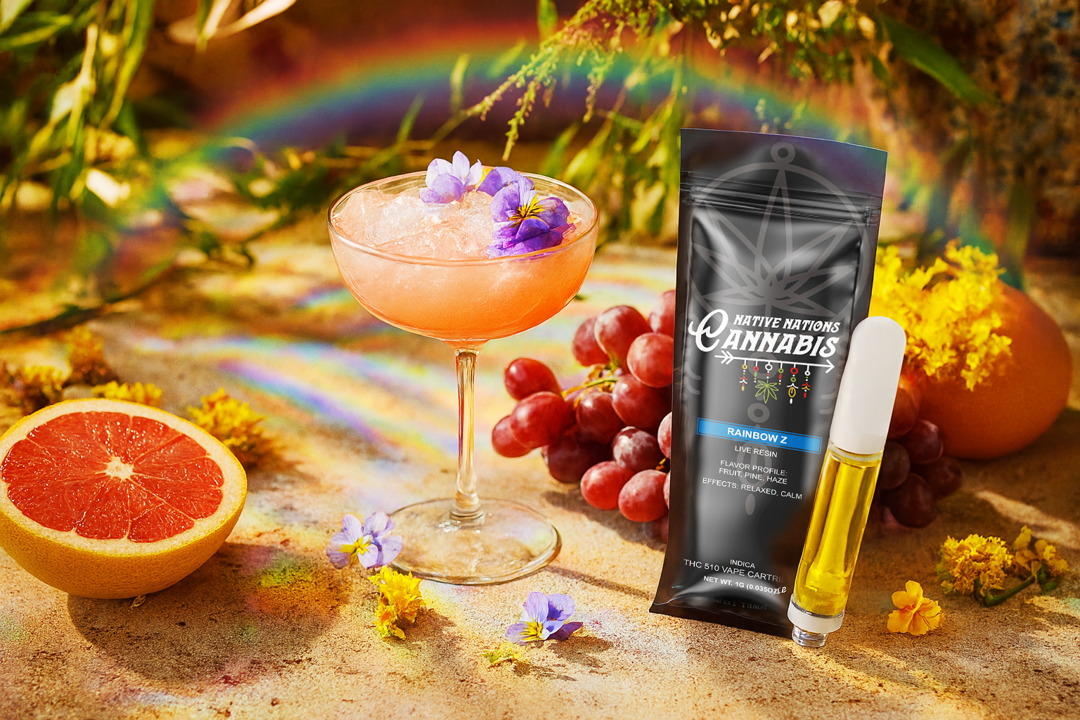 Rainbow Z vape cartridge with cocktail, grapes, grapefruit, and a rainbow in a lush, floral setting.