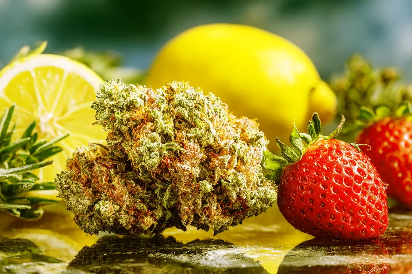 Macro shot of a frosty cannabis bud next to a ripe strawberry and fresh lemon, symbolizing fruity and citrus strain flavors.