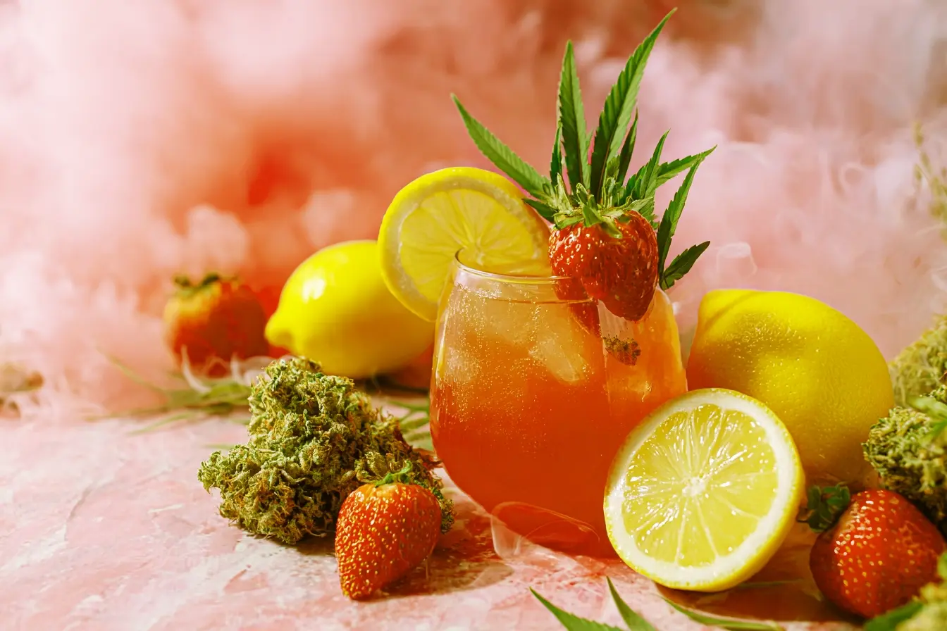 Cannabis-infused strawberry lemonade drink with strawberry, lemon, and cannabis buds on a pink surface with vapor in the background.