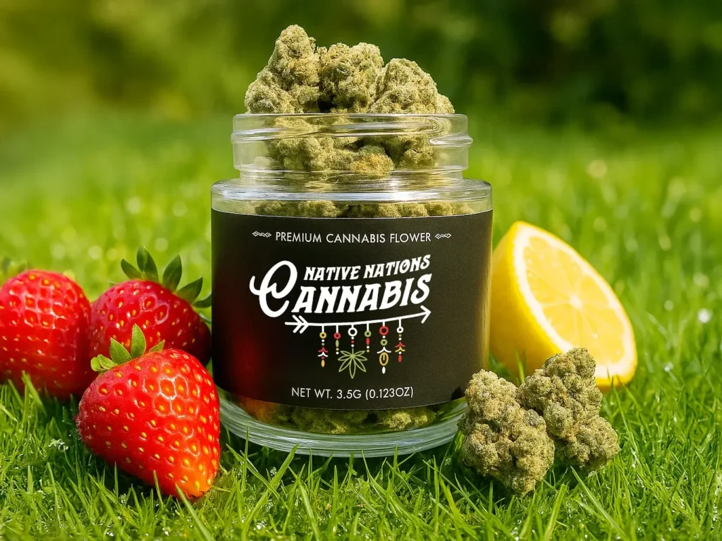 A jar of Native Nations Cannabis flower placed on grass, surrounded by fresh strawberries and a lemon slice.