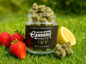 A jar of Native Nations Cannabis flower placed on grass, surrounded by fresh strawberries and a lemon slice.