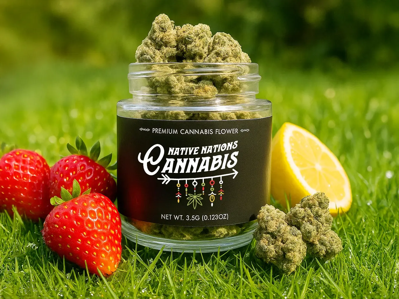 A jar of Native Nations Cannabis flower placed on grass, surrounded by fresh strawberries and a lemon slice.