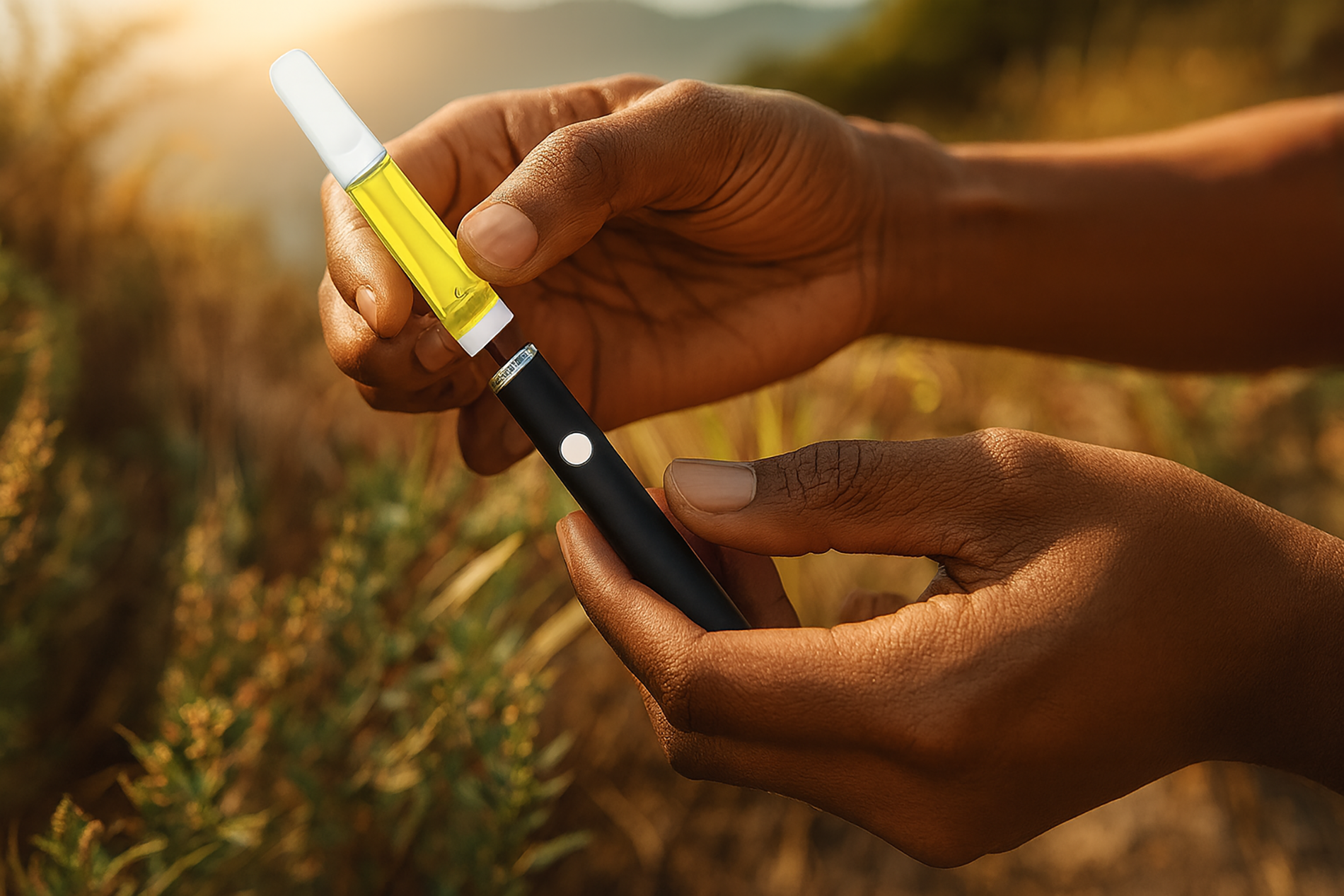 Hands assembling a black vape pen with a golden cannabis oil cartridge in an outdoor setting.