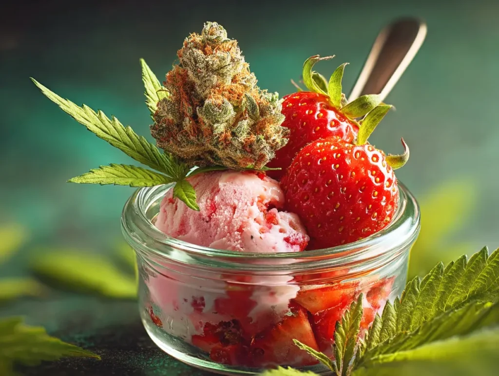 A jar of strawberry ice cream topped with fresh strawberries and a cannabis bud.