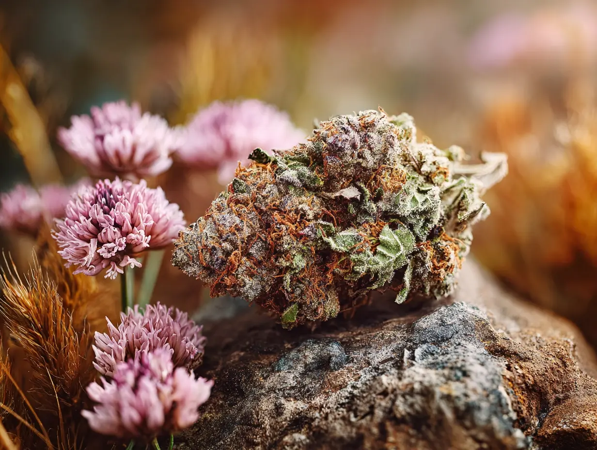 A close-up of a frosty cannabis flower placed on a rock beside pink flowers.