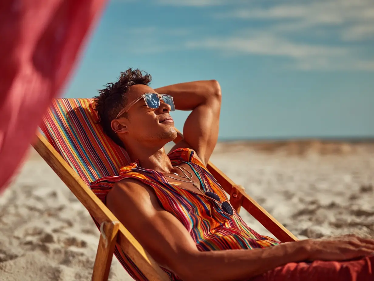 A man in sunglasses relaxing on a striped beach chair at a sunny beach.