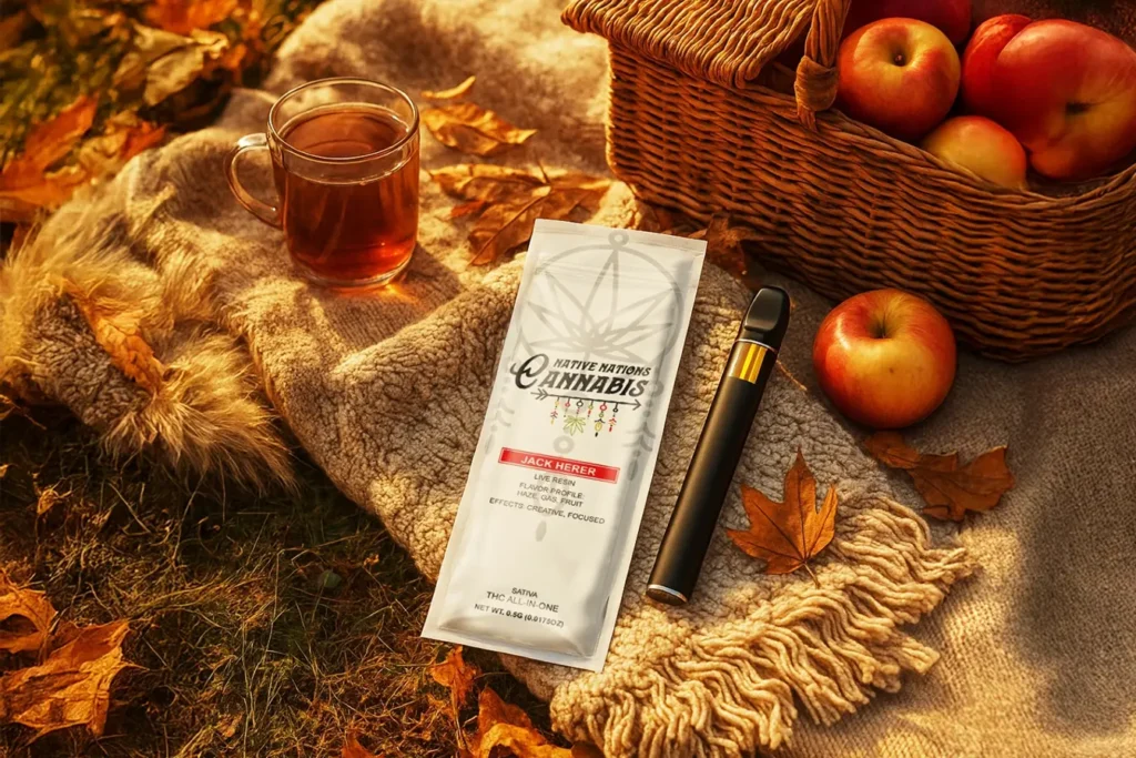 A cannabis vape pen and Jack Herer live resin pouch resting on a cozy blanket beside a basket of apples and a cup of tea in an autumn setting.