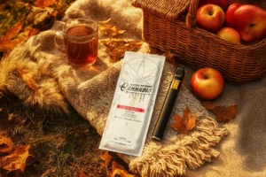 A cannabis vape pen and Jack Herer live resin pouch resting on a cozy blanket beside a basket of apples and a cup of tea in an autumn setting.