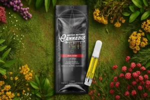 Native Nations Cannabis Jealousy vape cartridge with black pouch on green floral background