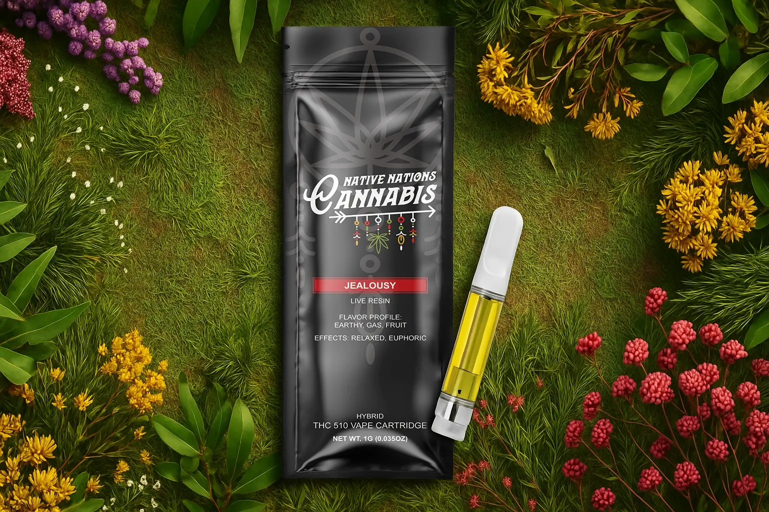 Native Nations Cannabis Jealousy vape cartridge with black pouch on green floral background