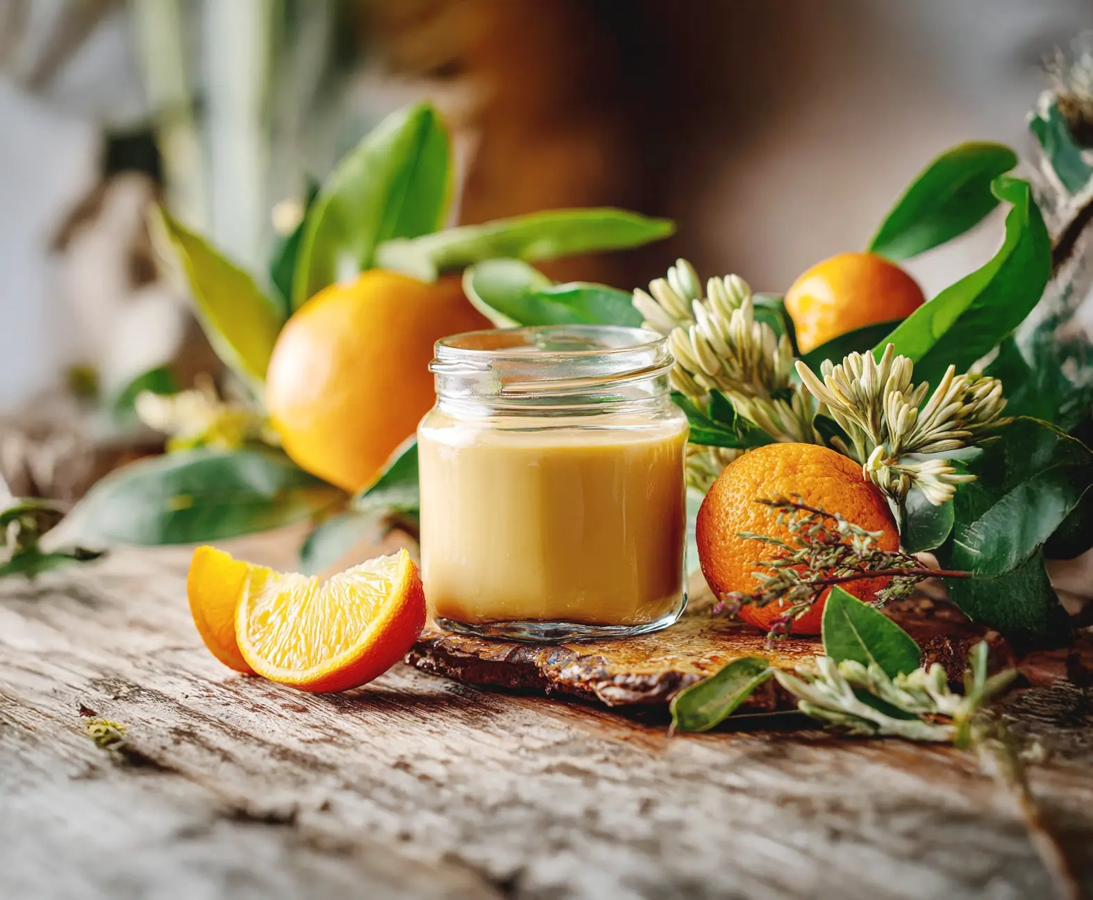Glass jar filled with orange cream surrounded by oranges, citrus blossoms, and green leaves on rustic wood