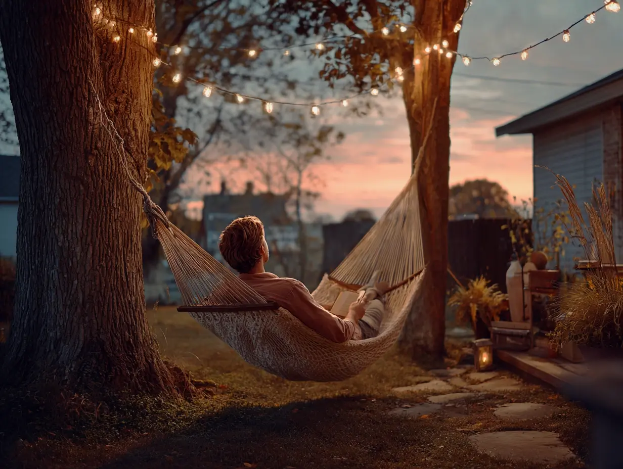 Person relaxing in a hammock at sunset with string lights and a peaceful backyard setting