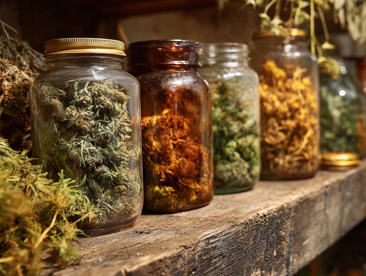 “Glass jars filled with dried cannabis flowers lined up on a rustic wooden shelf.”