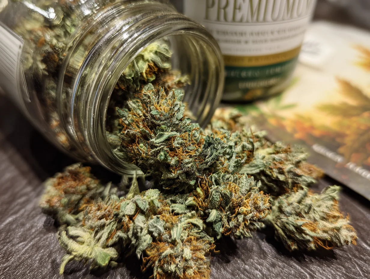 "Close-up of premium cannabis buds spilling from a glass jar onto a dark surface, with product packaging in the background."