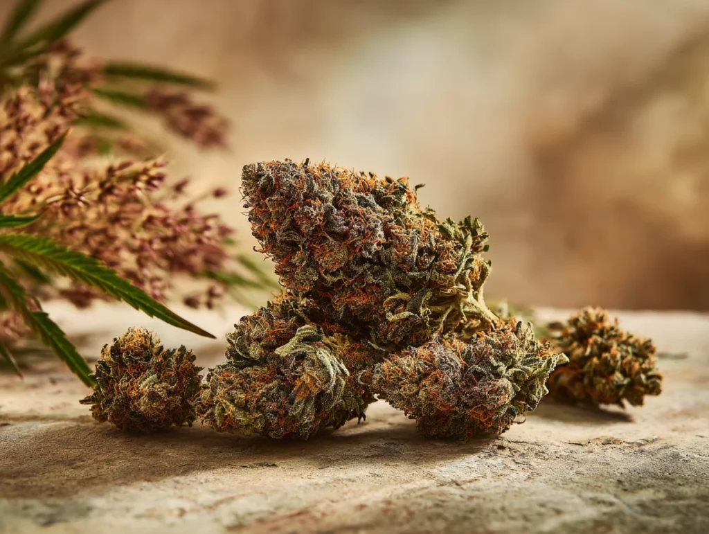 Macro shot of dried cannabis buds resting on a stone surface, with blurred hemp plant foliage in the background.