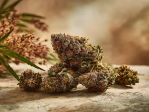 Macro shot of dried cannabis buds resting on a stone surface, with blurred hemp plant foliage in the background.