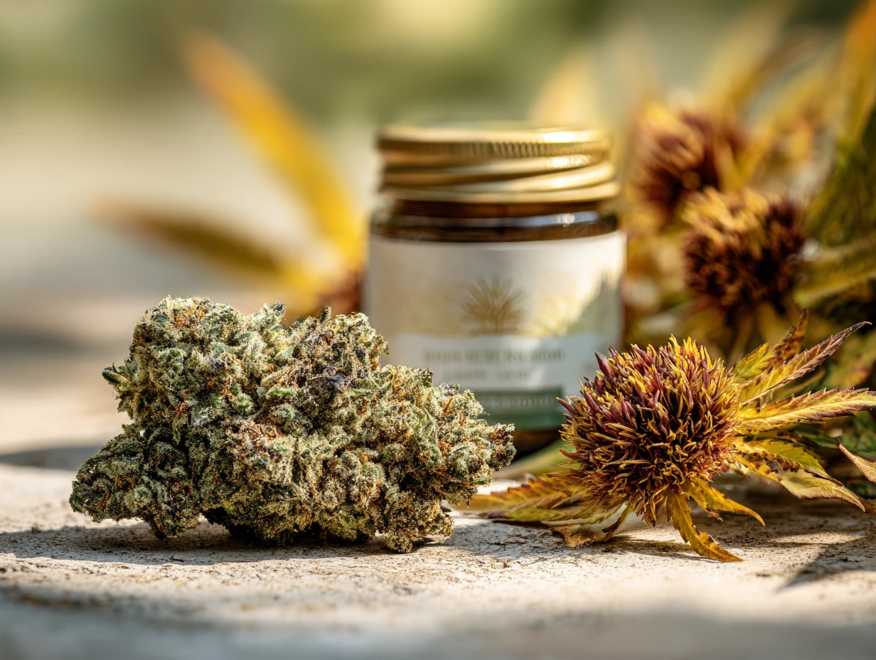 Cannabis flower nug displayed on a stone surface next to a labeled glass jar and ornamental flower with cannabis leaves in soft, natural lighting.
