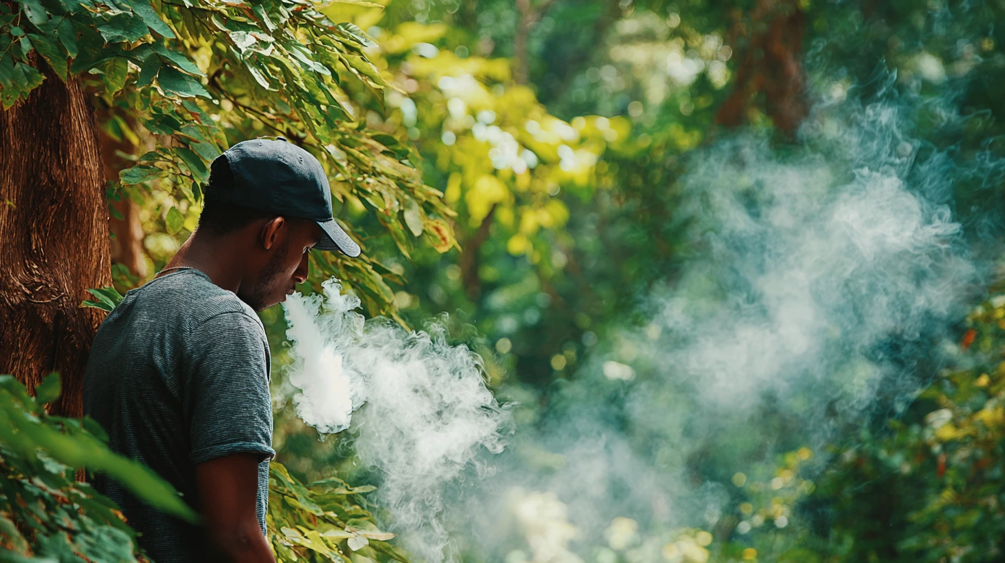 A man wearing a cap and gray shirt exhales a large cloud of vapor in a lush green forest setting.