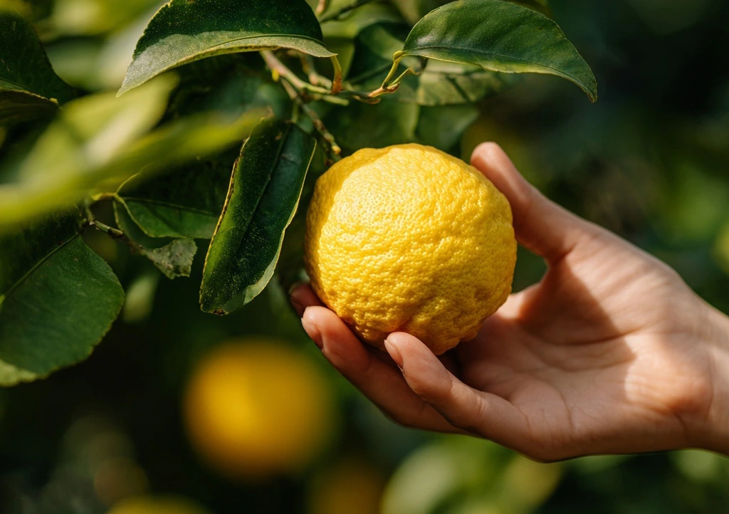 Close-up of a hand picking a ripe yellow yuzu fruit from a green leafy tree.