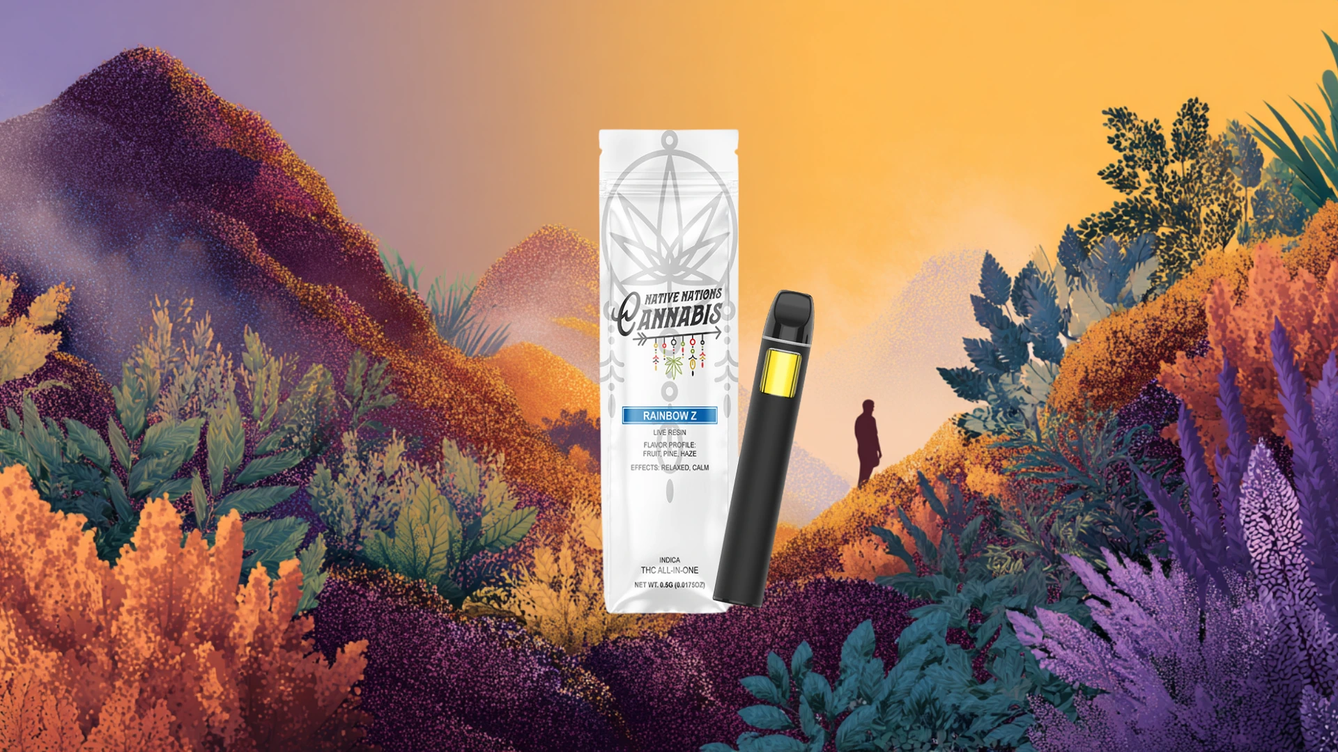 Illustration of a cannabis vape product package labeled “Rainbow Z” by Native Nations Cannabis, displayed in a vibrant, fantasy-style mountain and forest scene with a silhouette of a person in the distance.