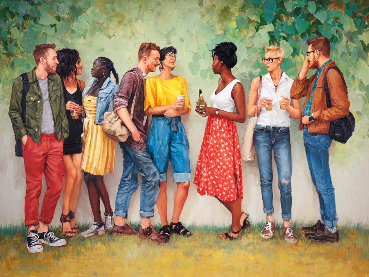 Group of diverse friends chatting and laughing in front of a painted wall