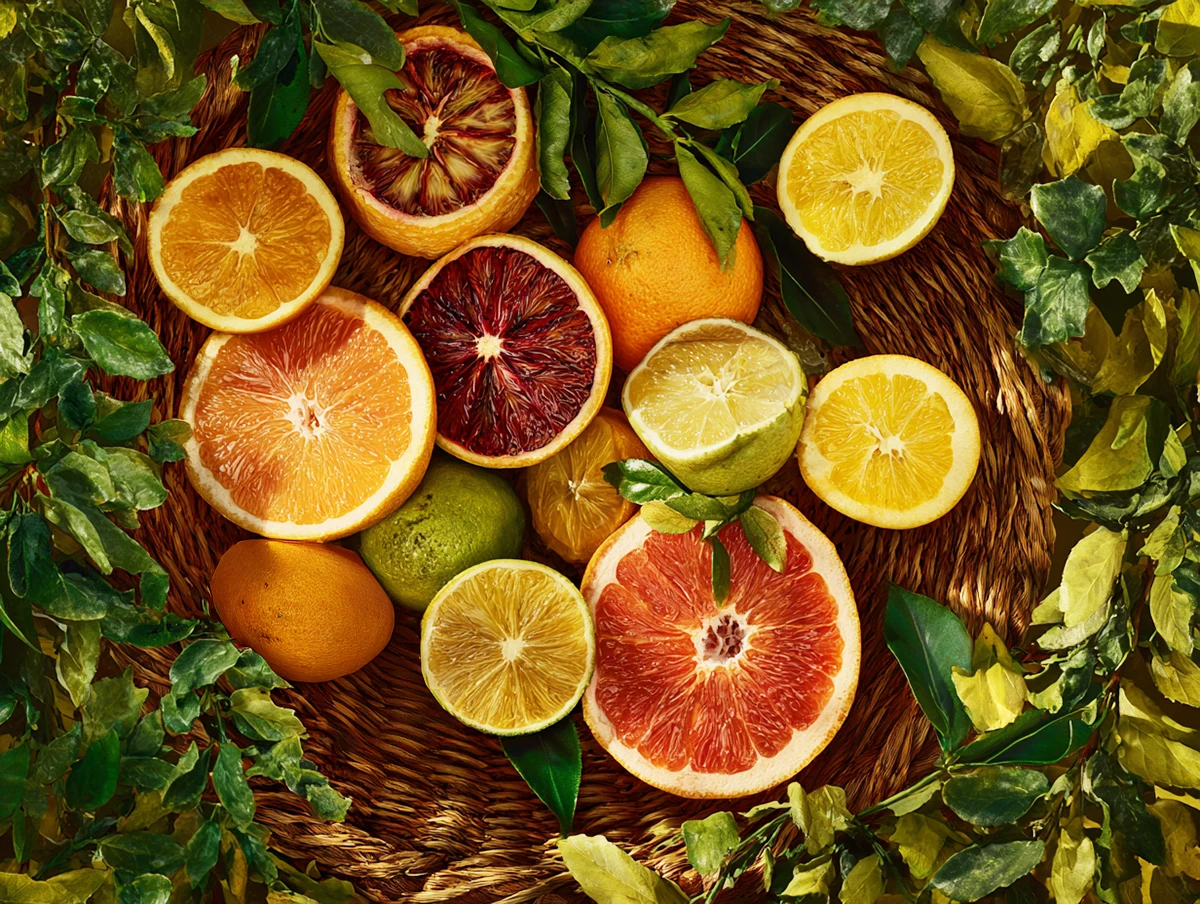 Sliced lemons, limes, oranges, and grapefruits surrounded by leafy greens