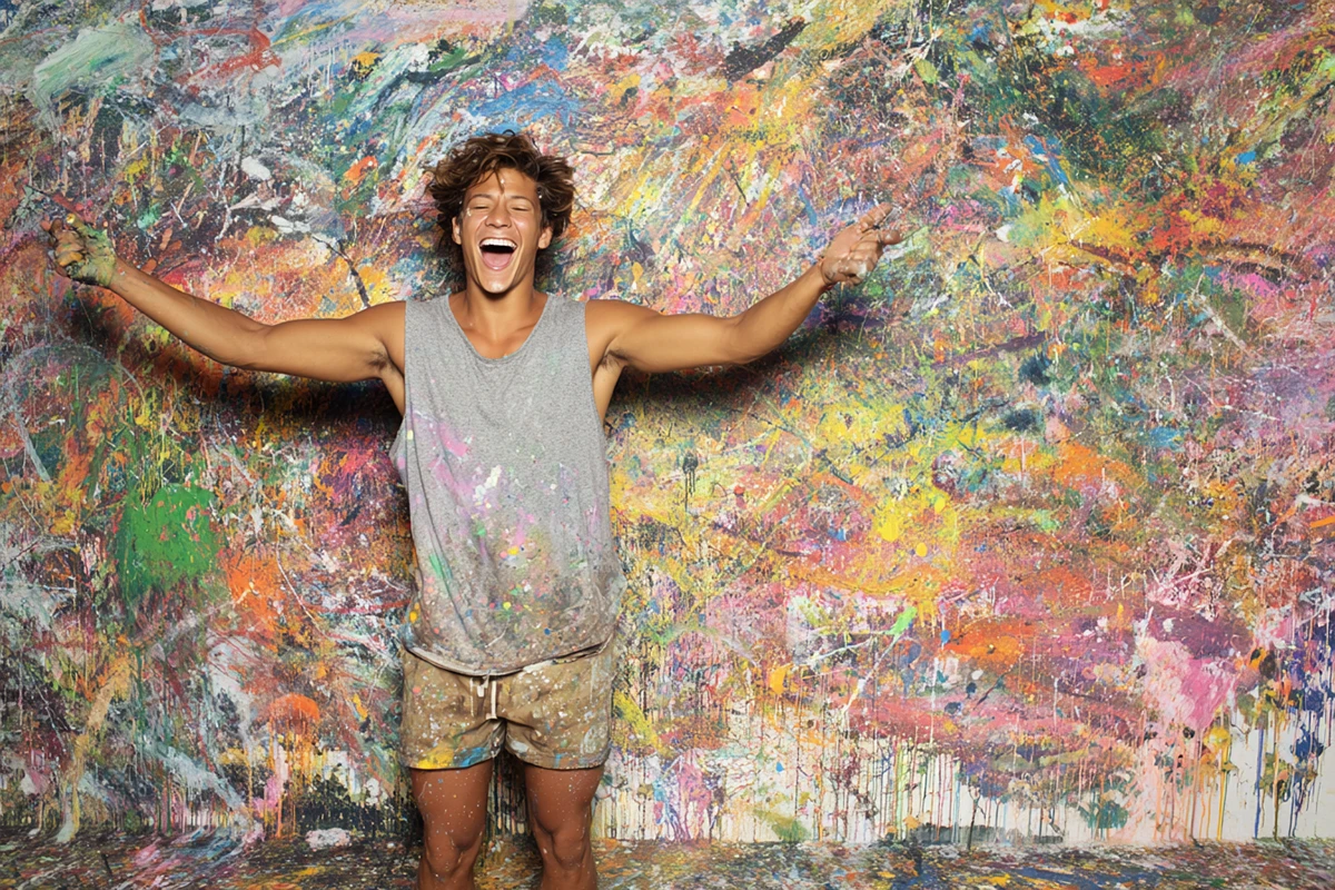 Young man smiling broadly, arms open, standing in front of a wall covered in colorful splattered paint